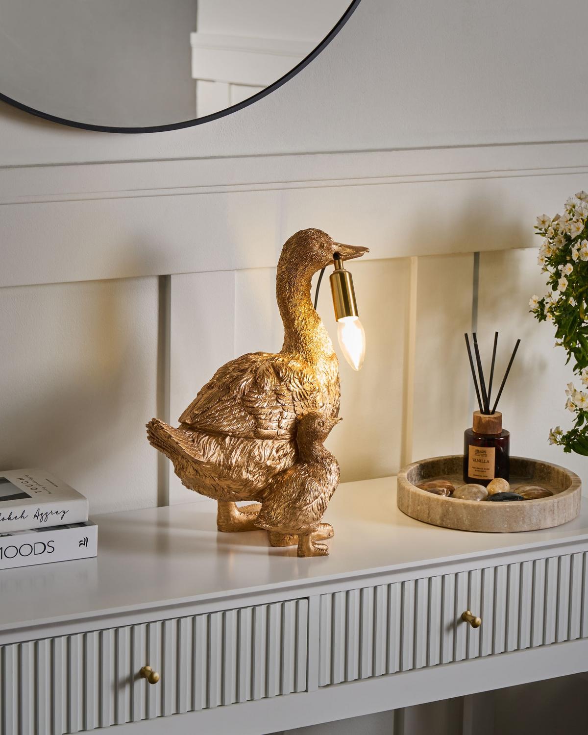 TISCHLAMPE Ente Gold Daffy - Messingfarben/Goldfarben, Kunststoff (33/21/40cm) - Beliani