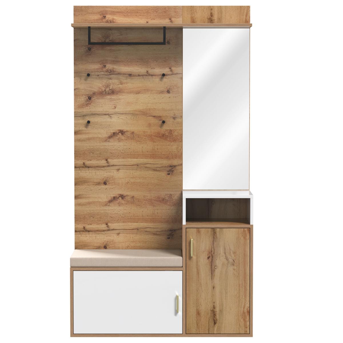 GARDEROBEN-SET 105 cm in Weiß & Eiche-Optik – 3-teilige Flurkombination mit Spiegel, Schuhschrank & Wandpaneel - Naturfarben, Holzwerkstoff (105/190.5/40cm) - Urban Meuble