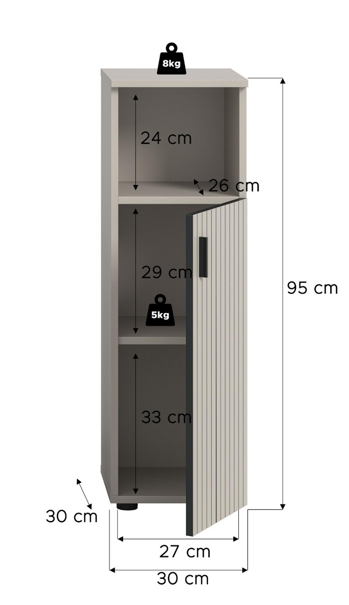 KOMMODE kaschmir 30 x 95 cm, Badschrank Türanschlag wechselbar - Kaschmir/Schwarz, Holzwerkstoff/Kunststoff (30/95/30cm) - Inn.Furn