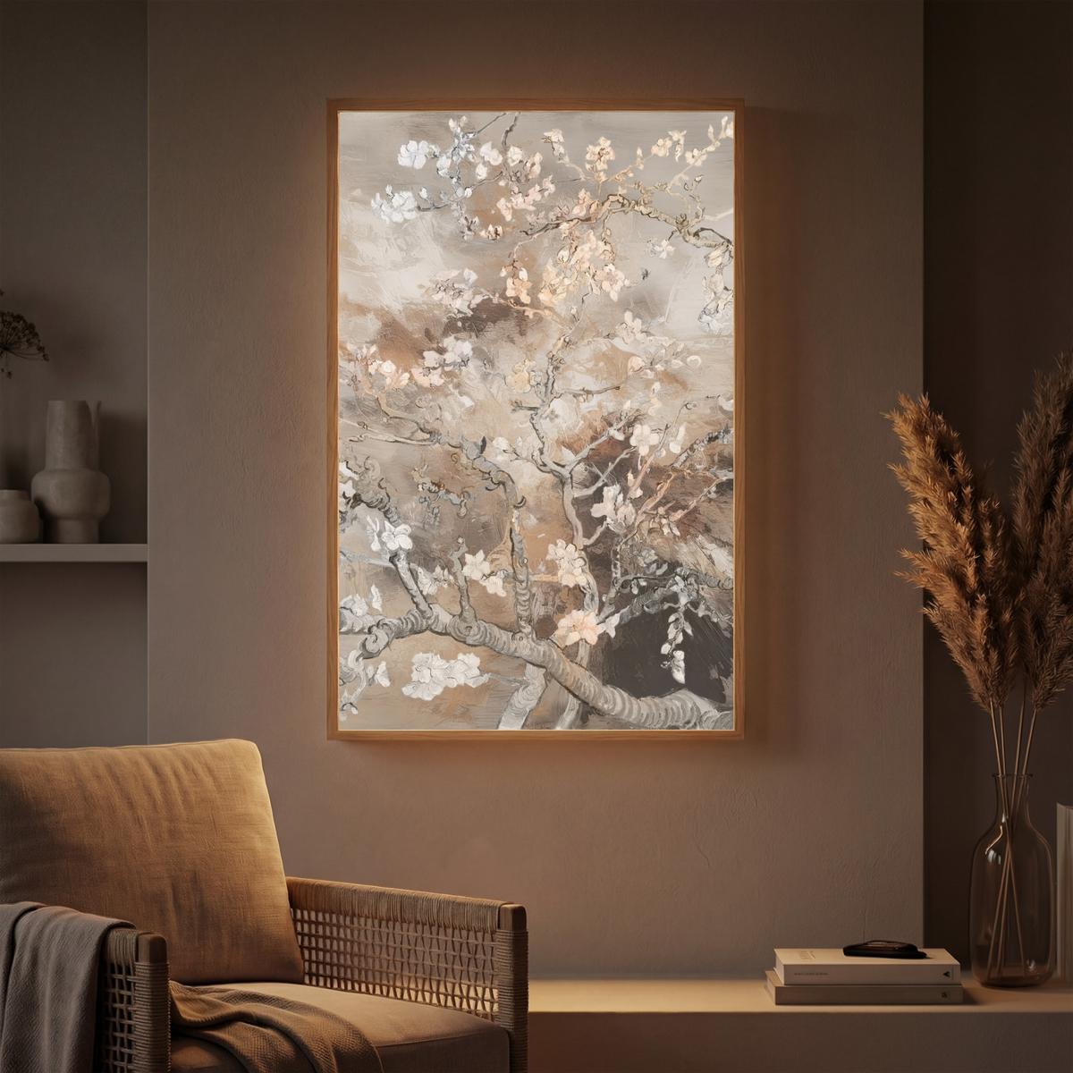 WANDLEUCHTE MIT AKKU Mandelblüte - Kunst - Van Gogh - Beige - Abstrakt 60x90 cm - Graubraun, Holzwerkstoff (60/90/8cm) - OnlyWow