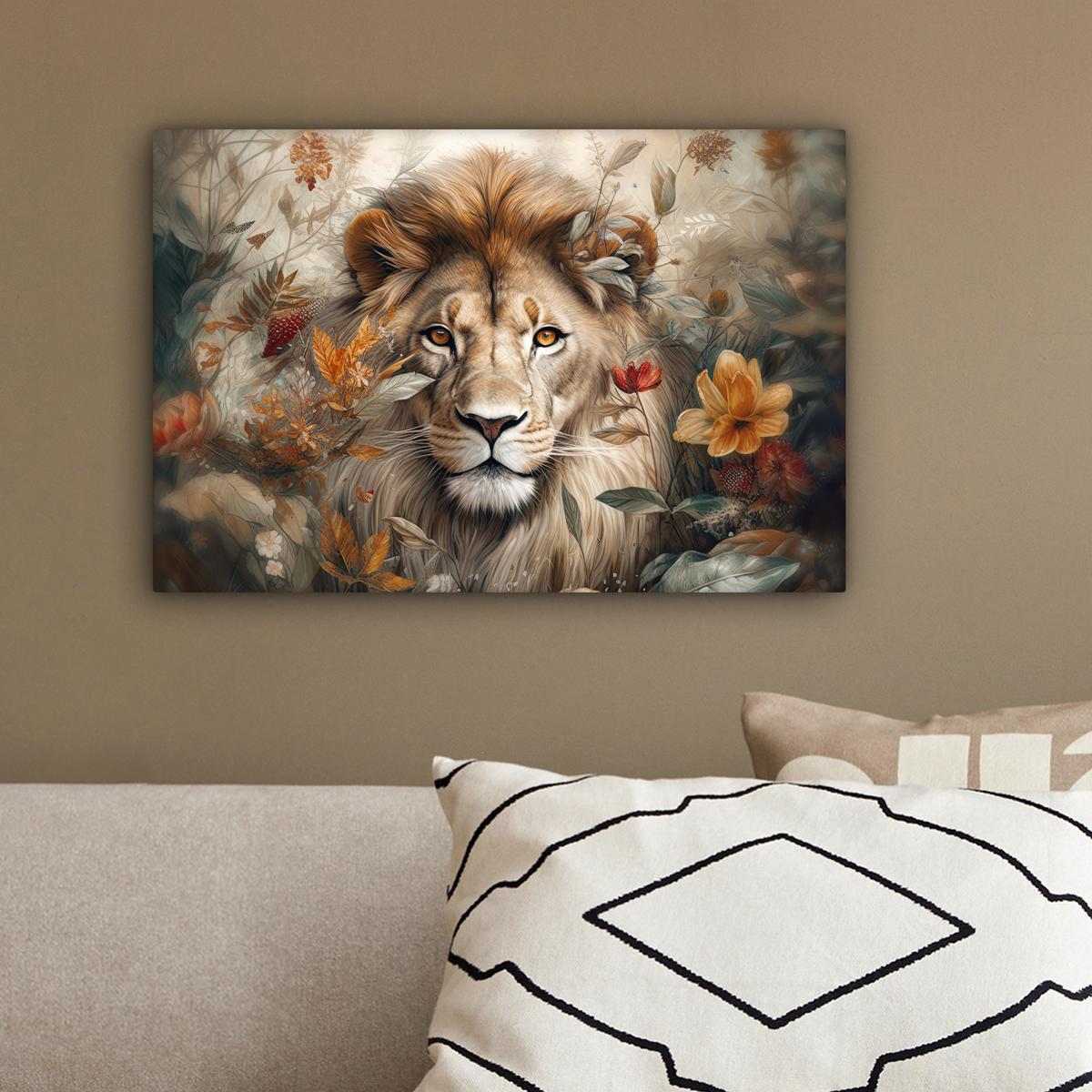 LEINWANDBILD Löwe - Wildtiere - Pflanzen - Natur - Blumen Deko Schlafzimmer 30x20 cm - Beige, Textil (30/20cm) - MuchoWow