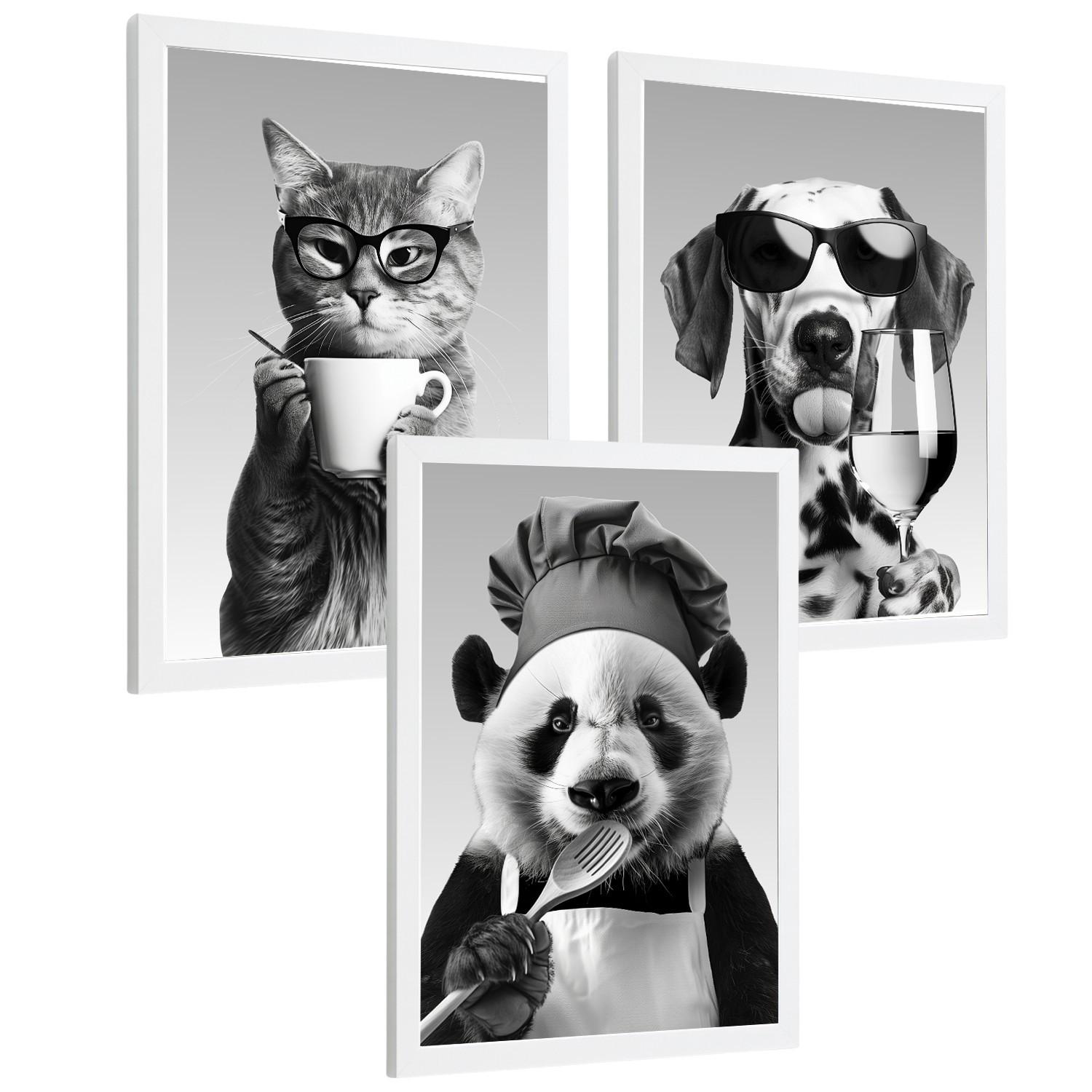 POSTER 3er Set Lustige Tiere Schwarz Weiß Wandbilder Katze Dalmatiner und Panda Koch Küche Wanddeko Rahmenlos A4 - Weiß, Papier (29.7/1/21cm) - Nacnic