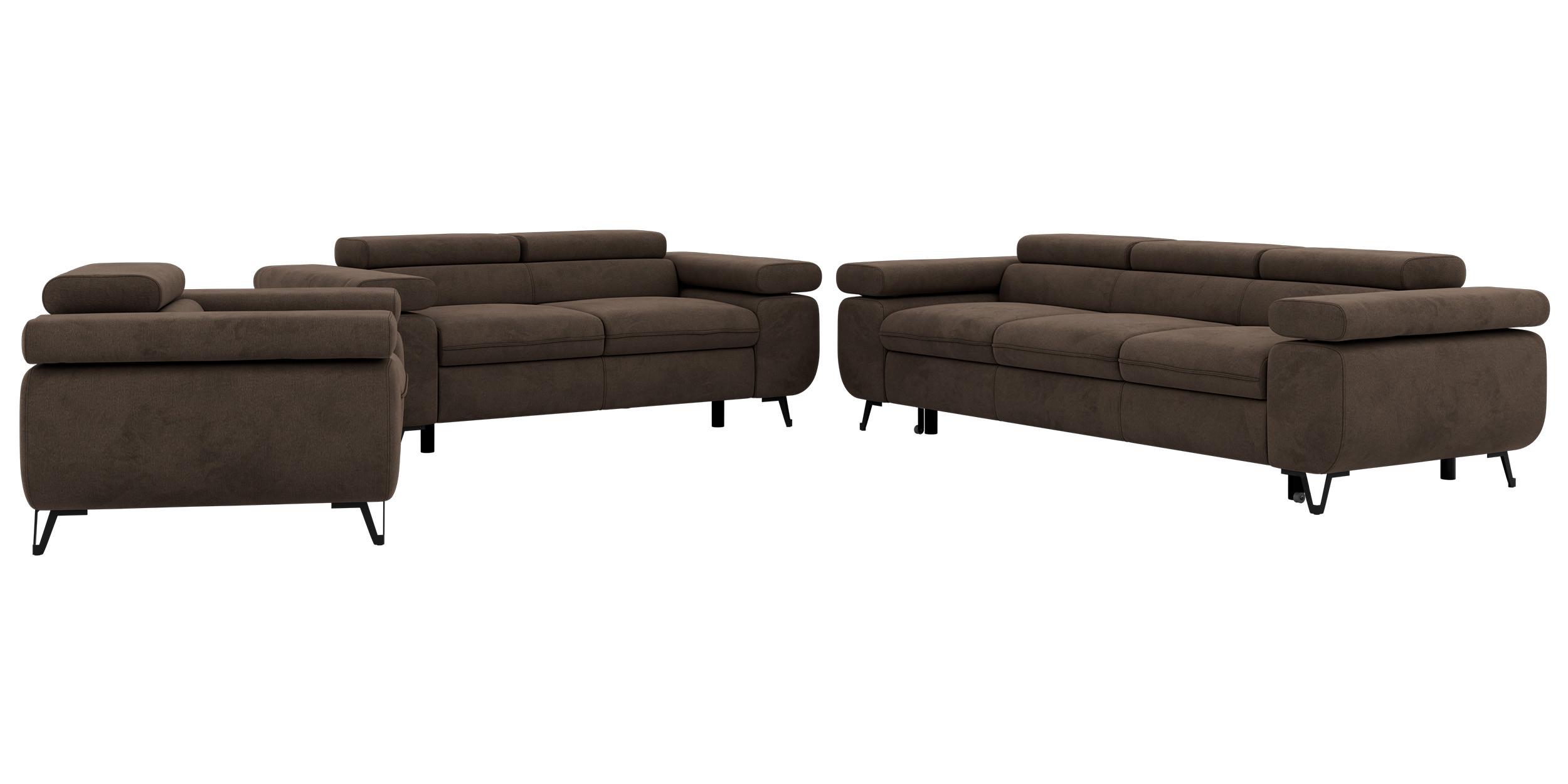 SITZGARNITUR PETER 1+2+3 mit Schlaffunktion - Braun Velvet - Schwarz/Braun, Textil/Metall (262/76/99cm) - MKS