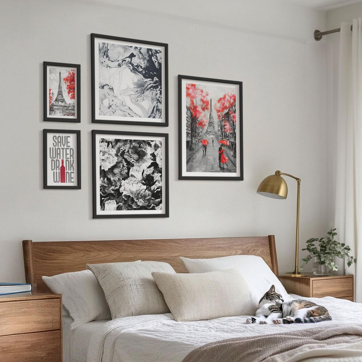 BILDER SET 5er Set - 50x50 cm & 20x30 cm & 40x60 cm Schwarzer Rahmen - graue Gemälde des Eiffelturms - Schwarz, Kunststoff (40/60cm) - TULUP