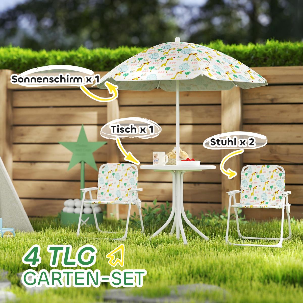 4 tlg. Kindersitzgruppe Garten mit Gartentisch 2 Klappstühle Sonnenschirm - Weiß, Metall - AIYAPLAY