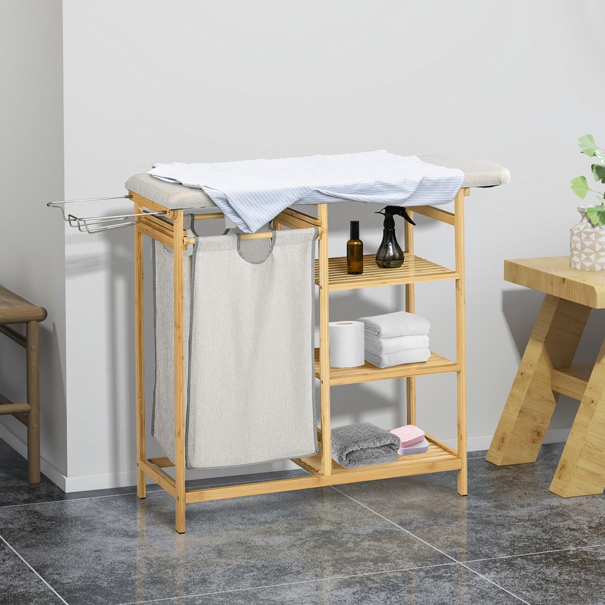 WÄSCHEKORB 57,4 L Wäschebox mit Bügelbrett und Bügeleisen, Bambus, Natur - Multicolor, Kunststoff (34/82/113cm) - HOMCOM