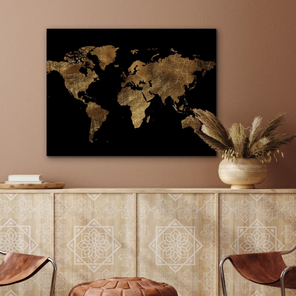 METALLBILD Weltkarte - Gold - Luxus - Erde - Schwarz 80x60 cm - Goldfarben, Metall (80/60cm) - MuchoWow