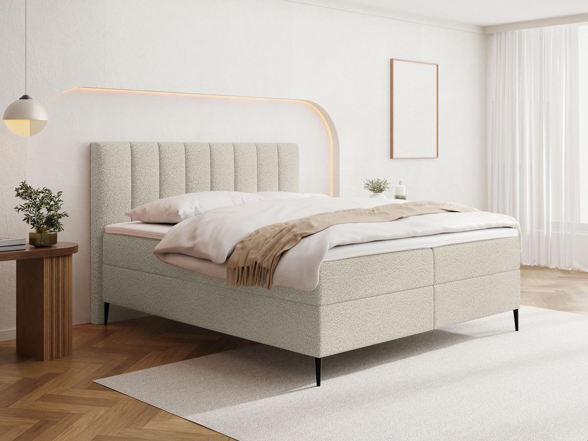 BOXBETT Allen mit Bettkasten, Boucle Beige 140x200 cm – inkl. H4 Taschenfederkern Matratze & Foam Topper - Beige/Schwarz, Textil/Metall (140/200cm) - WFL GROUP