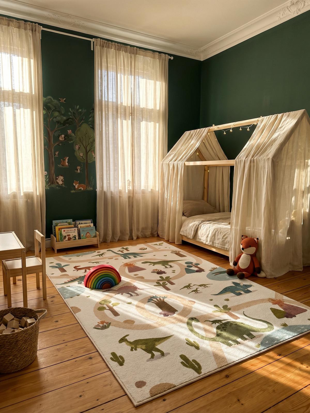 SPIELTEPPICH Waschbar TINO in Creme, mit Dino-Landschaft, 140 x 200 cm - Beige, Textil (200/140cm) - KADIMA DESIGN