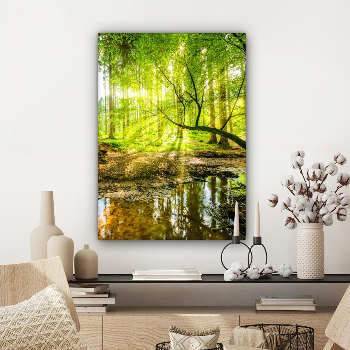 LEINWANDBILD Wald - Landschaft - Wasser - Bäume - Sonne - Grün - Natur Wandbild Wohnzimmer 60x80 cm - Grün, Textil (60/80cm) - MuchoWow