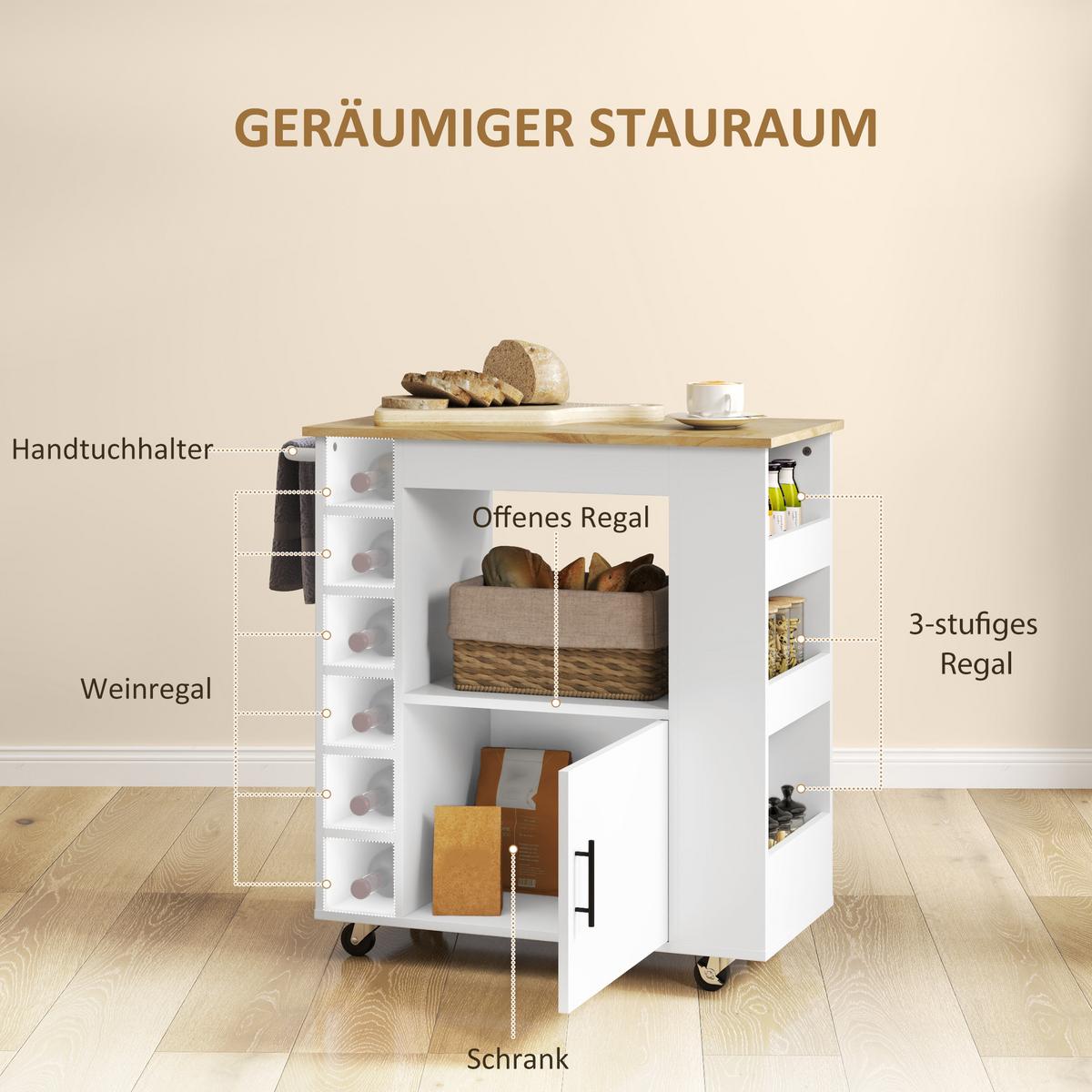 KÜCHENWAGEN Servierwagen mit Schrank, Arbeitsplatte, Ablagen, Weinregalen, Eiche - Eichefarben/Schwarz, Holz/Holzwerkstoff (40/83/83cm) - HOMCOM