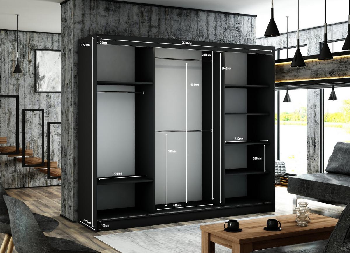 KLEIDERSCHRANK VILAN mit Lamel/LED - 250 cm - Schwarz|Eiche Wotan - Eiche Wotan/Schwarz, Holzwerkstoff (250/215/61cm) - ALTDECOR