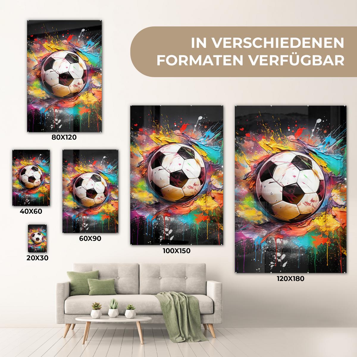 ACRYLGLASBILD Fußball - Farbe - Farben - Schwarz - Weiß 80x120 cm - Weiß, Glas (80/120cm) - MuchoWow