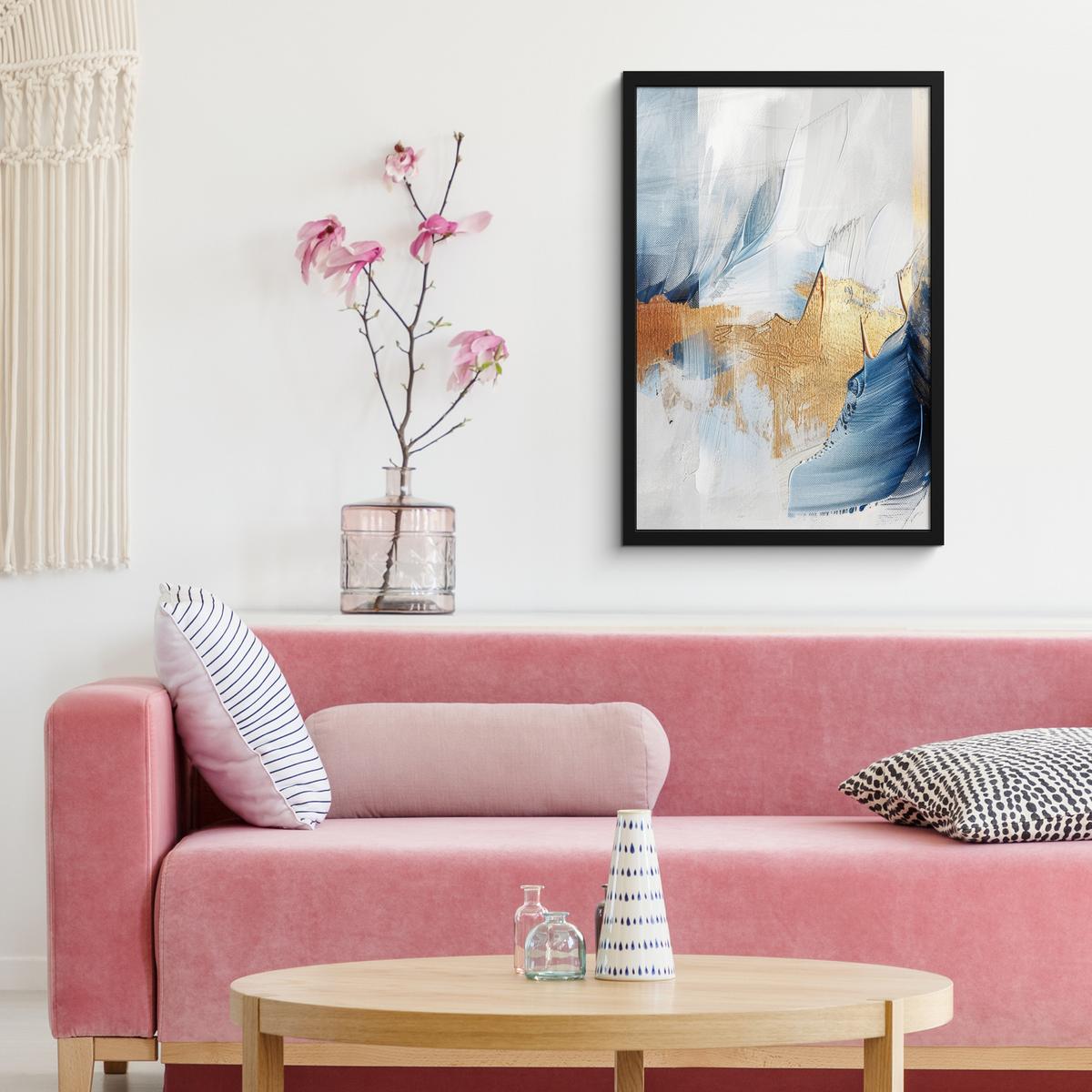 POSTER MIT RAHMEN Gold - Blau - Aquarell - Kunst - Modern Bilder mit Rahmen 40x60 cm - Hellblau, Papier (40/60cm) - MuchoWow