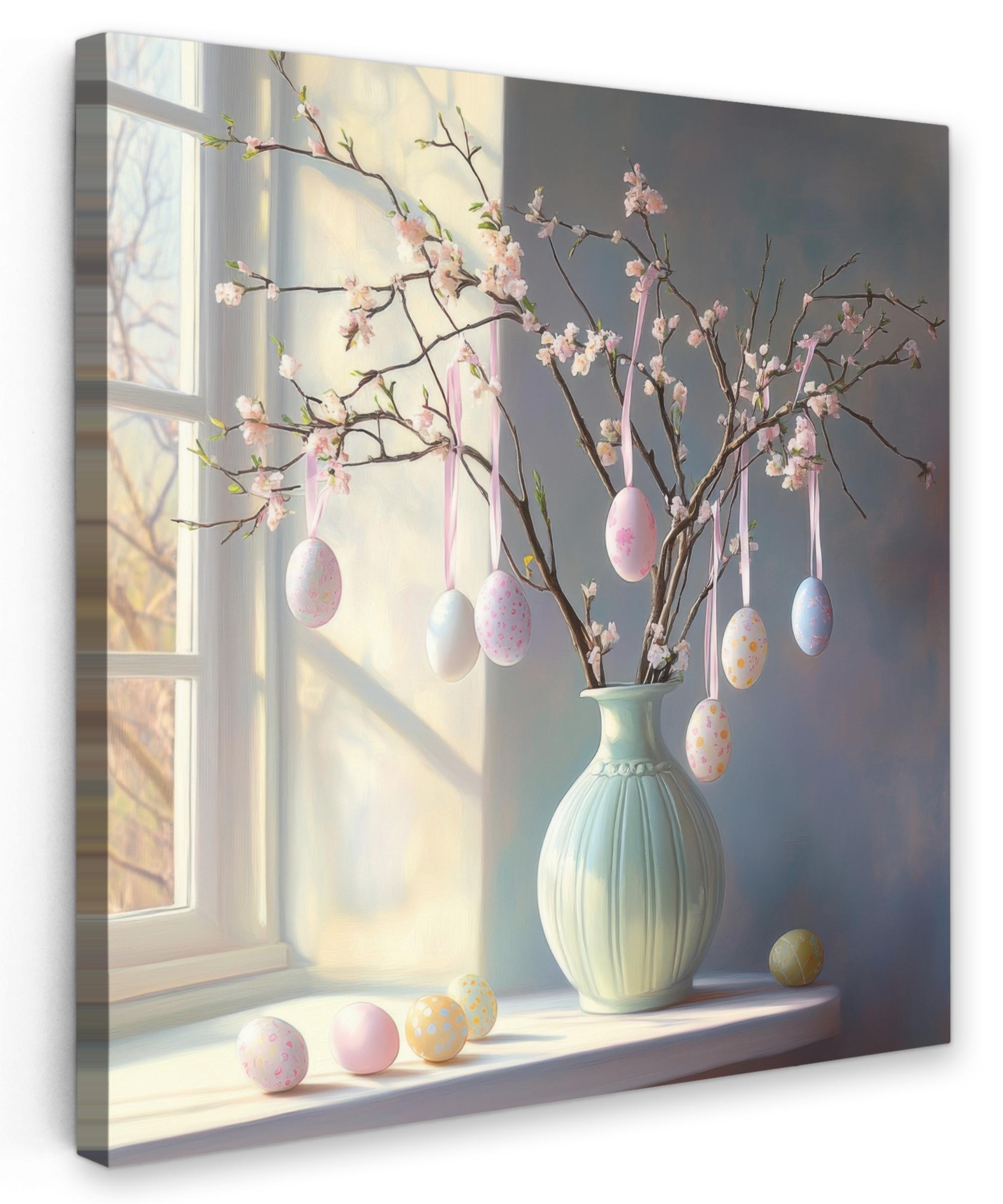 LEINWANDBILD Stillleben - Vase - Osterzweig Deko Groß 90x90 cm - Hellblau, Textil (90/90cm) - MuchoWow