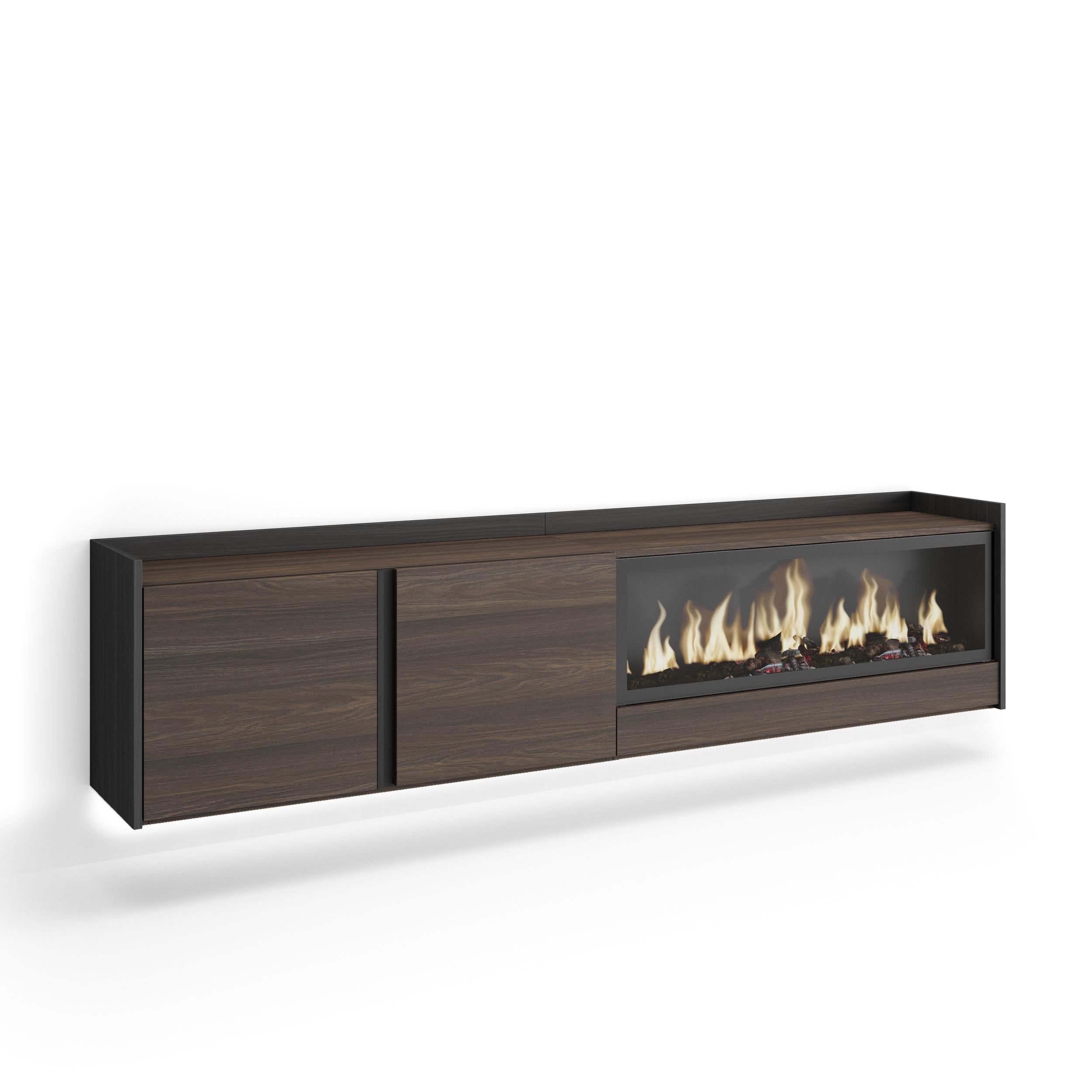 LOWBOARD, Eiche und Schwarz, 212/35/50cm, Kamin mit Feuereffekt XXL - Dunkelbraun, Holzwerkstoff (212/50/35cm) - Skraut Home