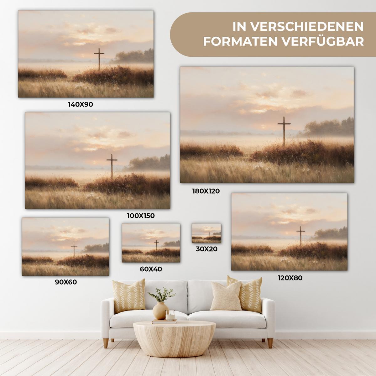 LEINWANDBILD Gras - Morgennebel - Kreuz - Christentum Deko Schlafzimmer 30x20 cm - Beige, Textil (30/20cm) - MuchoWow
