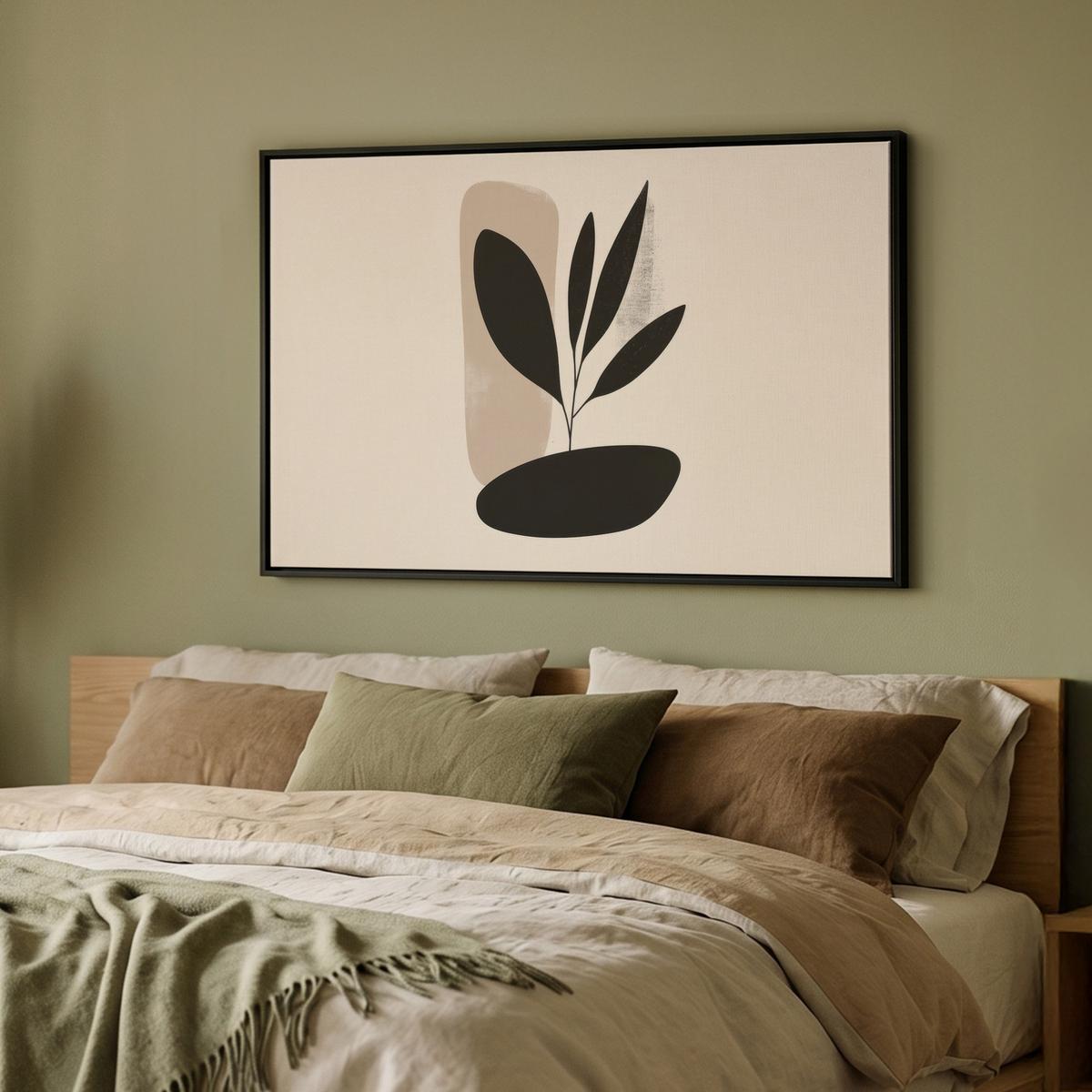 LEINWAND Bilder mit Rahmen - Pflanze - Beige - Japanisch - 90x60 - Schwarz, Textil (90/60cm) - MuchoWow