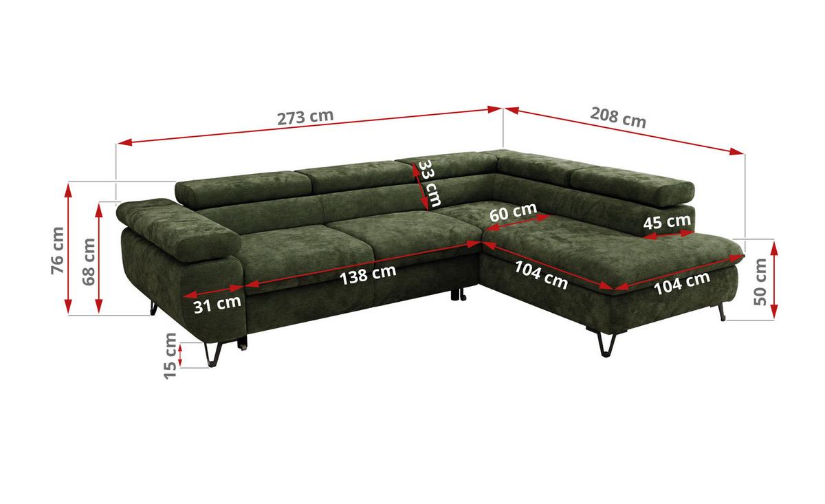 ECKSOFA PABLO L Dunkelgrün Schenille glatt - Links Seite mit Visco Topper - Dunkelgrün/Schwarz, Textil/Metall (208/273cm) - MKS