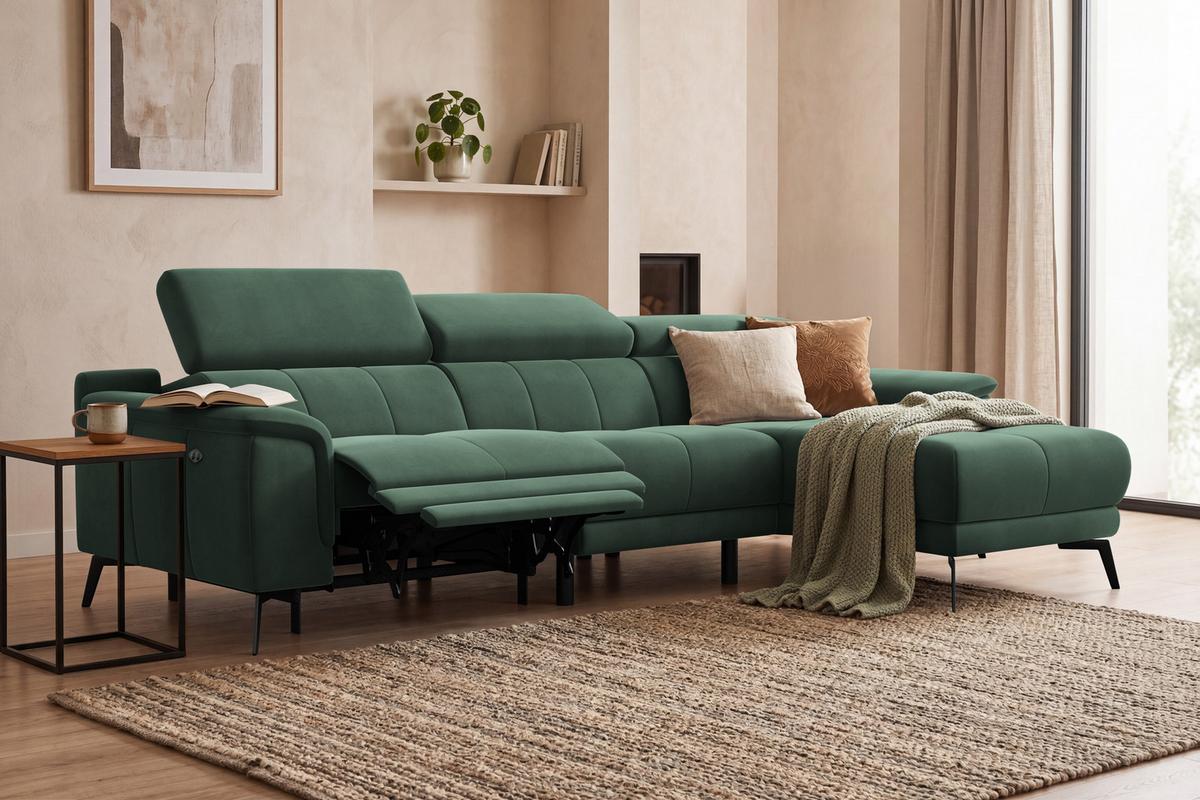 ECKSOFA FIERO 4-Sitzer RECHTS, Grüner Veloursstoff - Schwarz/Grün, Holz/Textil (288/170cm) - Courtois Laville