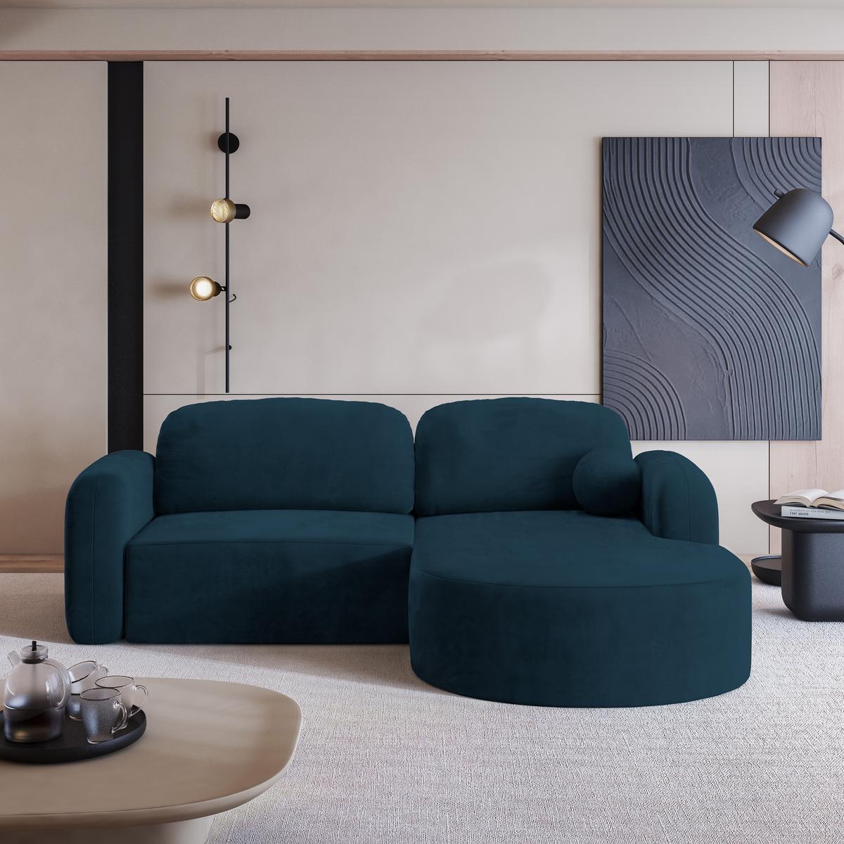 ECKSOFA AMILIA M R-S Blau Velours-Stoff mit Schlaffunktion - Blau, Holz (263/174cm) - MASSENO