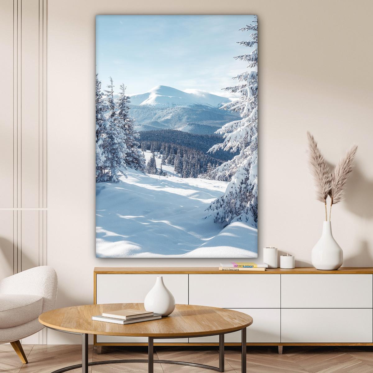 LEINWANDBILD Winterlandschaft - Natur - Berge - Bäume - Schnee Deko Groß 90x140 cm - Hellblau, Textil (90/140cm) - MuchoWow