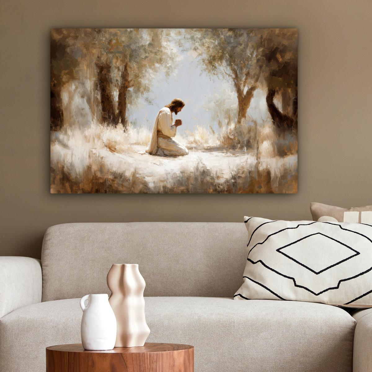 LEINWANDBILD Jesus - Kniend - Waldlandschaft - Betend Gemälde 60x40 cm - Beige/Hellblau, Textil (60/40cm) - MuchoWow