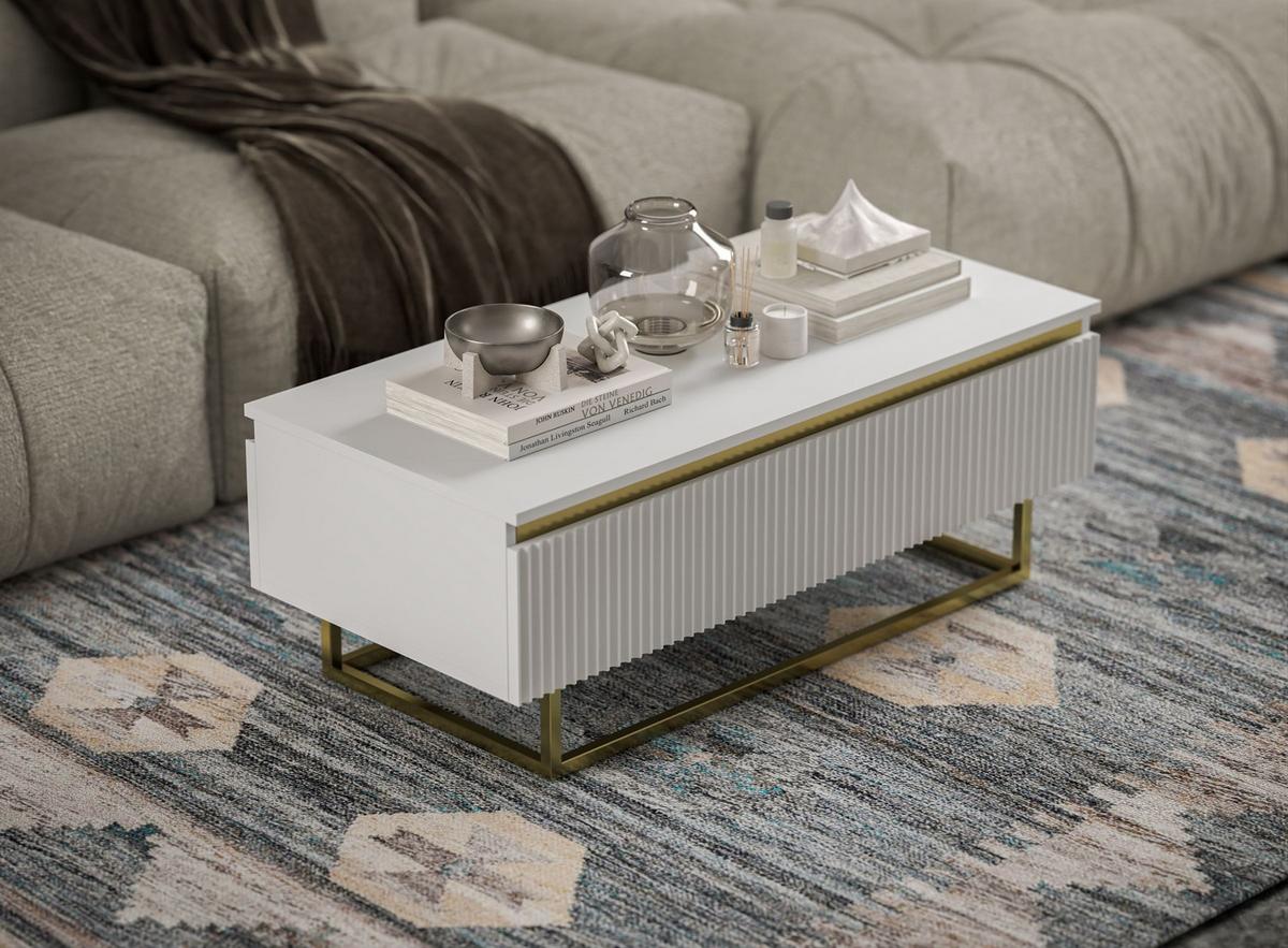 COUCHTISCH Selene Weiß matt 109 cm mit Metallrahmen - Goldfarben/Weiß, Holzwerkstoff/Metall (50/109/39cm) - Meble Lindner