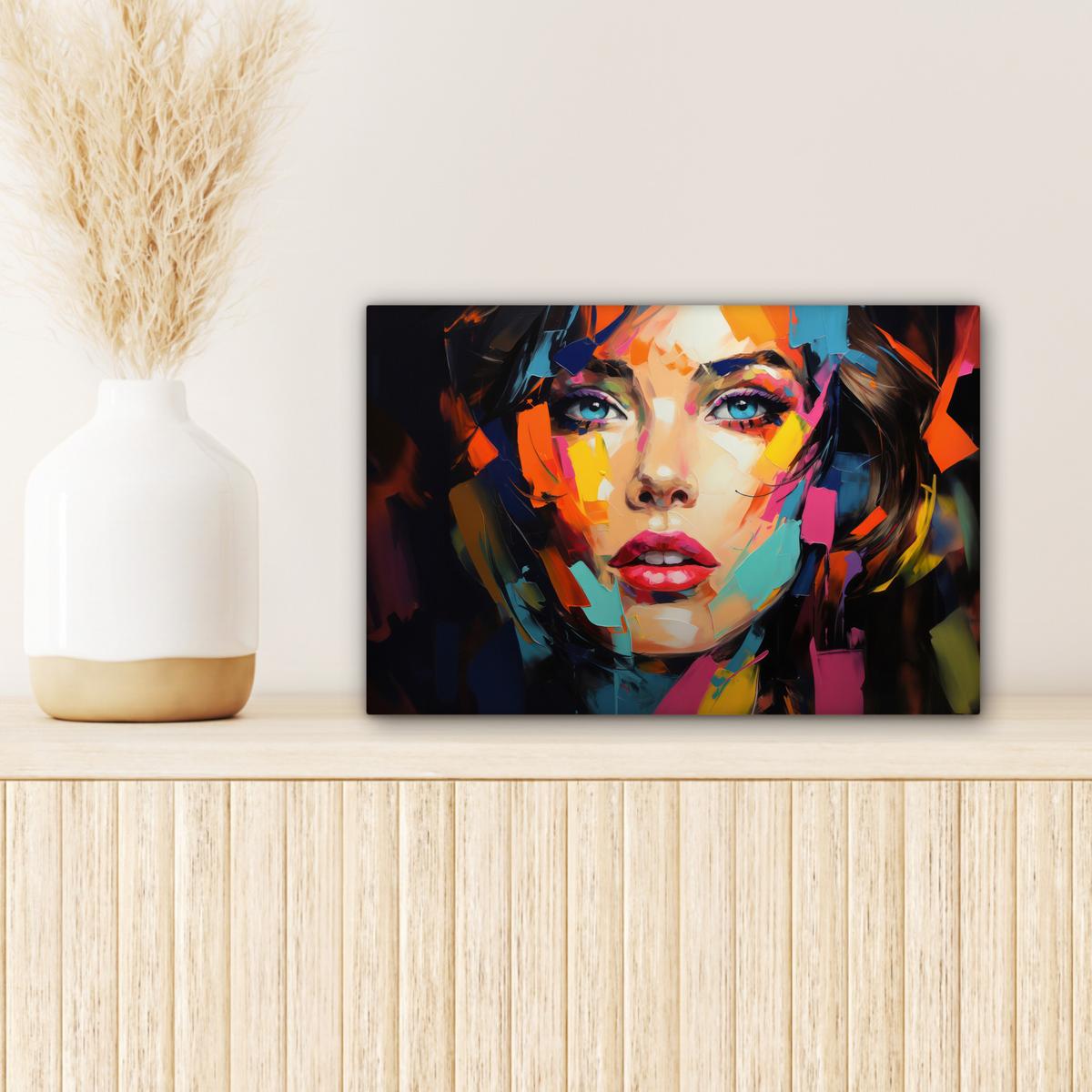 LEINWANDBILD Frau - Porträt - Farbenfroh - Kunst Deko Schlafzimmer 30x20 cm - Multicolor, Textil (30/20cm) - MuchoWow