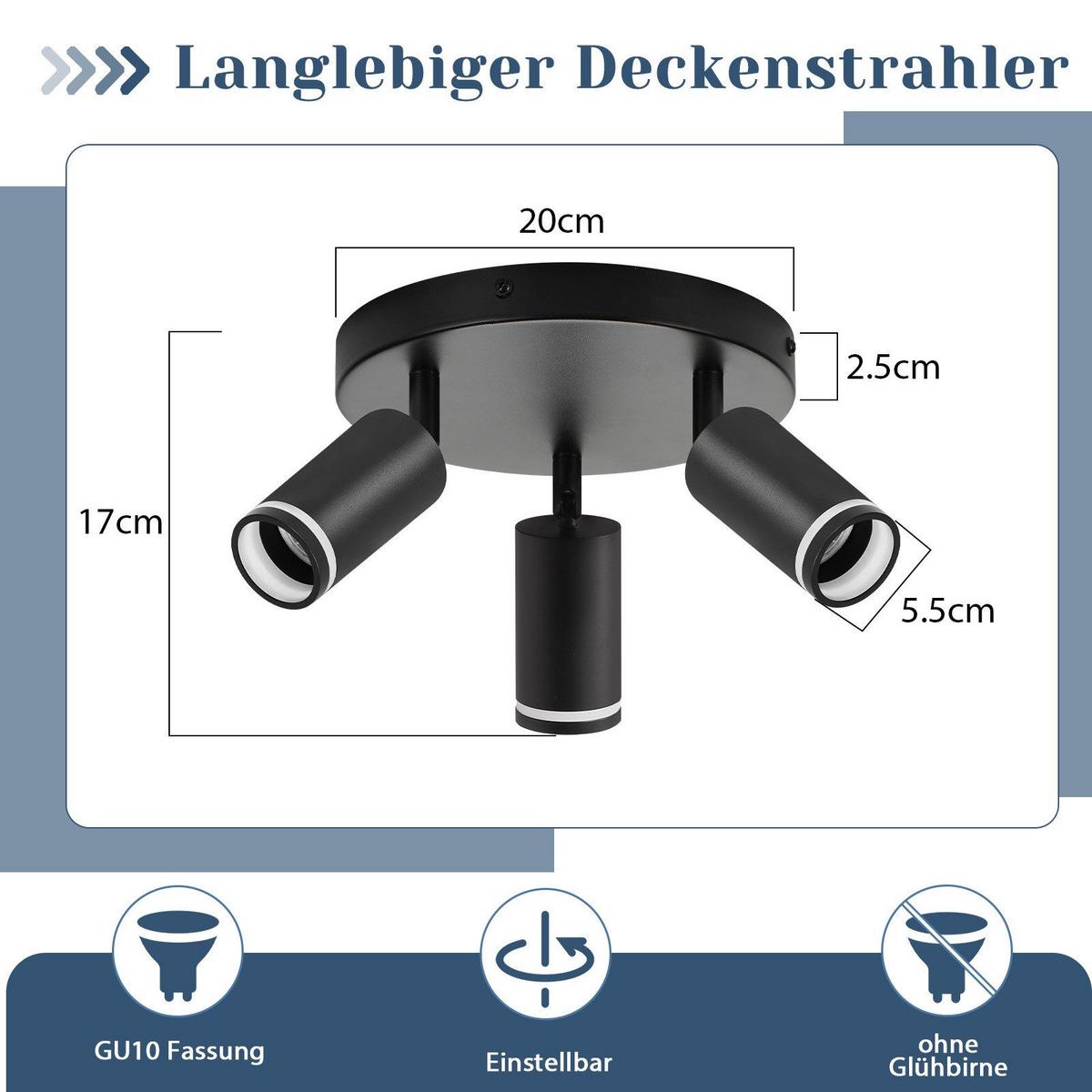 DECKENSTRAHLER Coesfeld 3-flammig 20/20/17 cm - Schwarz, Metall (20/20/17cm) - Nettlife