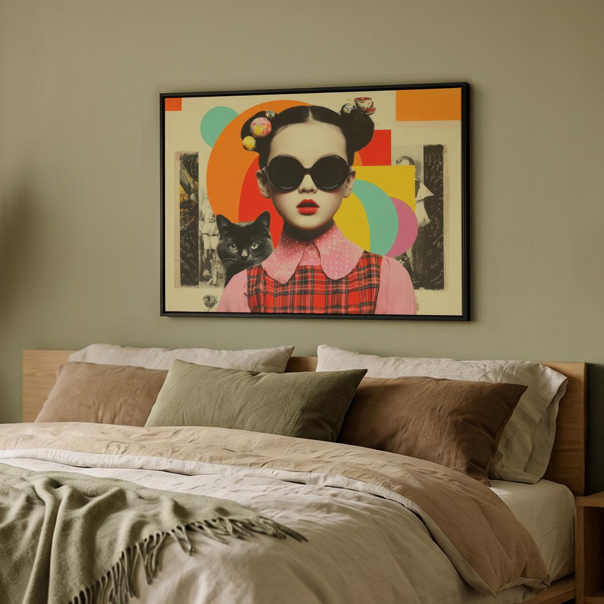LEINWAND Bilder mit Rahmen - Mädchen - Sonnenbrille - Katze - Retro - 80x60 - Beige, Textil (80/60cm) - MuchoWow