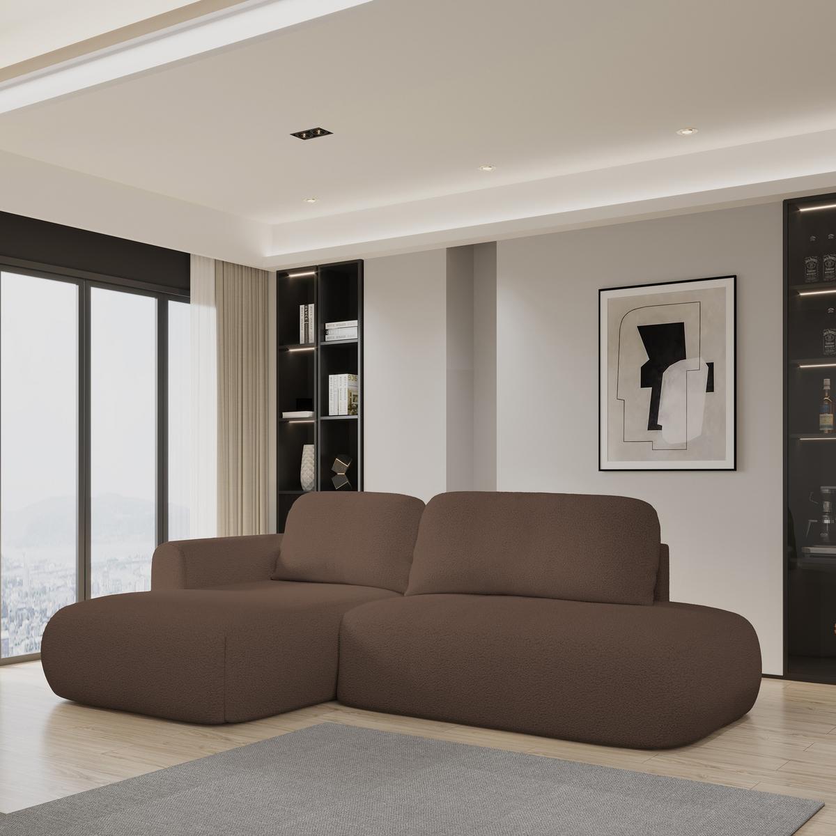 ECKSOFA NUVIRA L-S Braun Boucle-Stoff mit Schlaffunktion - Braun, Holz (279/158cm) - MASSENO