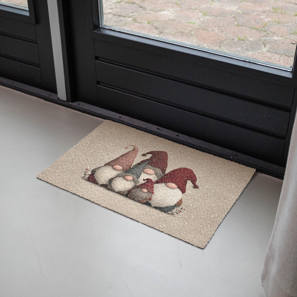 FUSSMATTE Wichtel - Weihnachten - Schnee - Zipfelmützen Türmatte 60x40 cm - Beige, Kunststoff (60/0.4cm) - MuchoWow