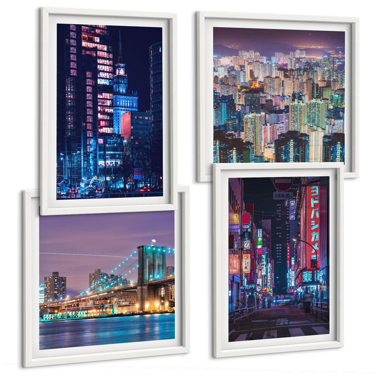 BILDER SET 4er Set - 50x50 cm & 40x60 cm Weißer Rahmen - Nachtstädte mit Neonlichtern - Weiß, Kunststoff (50/50cm) - TULUP