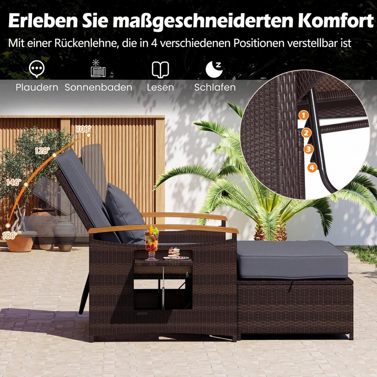 SONNENLIEGE geflochtene Doppel liege grau - Grau, Metall (164/88/72cm) - COSTWAY