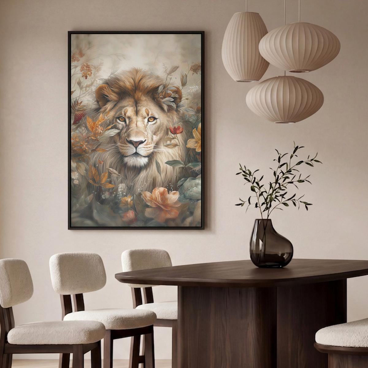 LEINWAND Bilder mit Rahmen - Löwe - Wildtiere - Pflanzen - Natur - Blumen - 80x120 - Beige, Textil (80/120cm) - MuchoWow