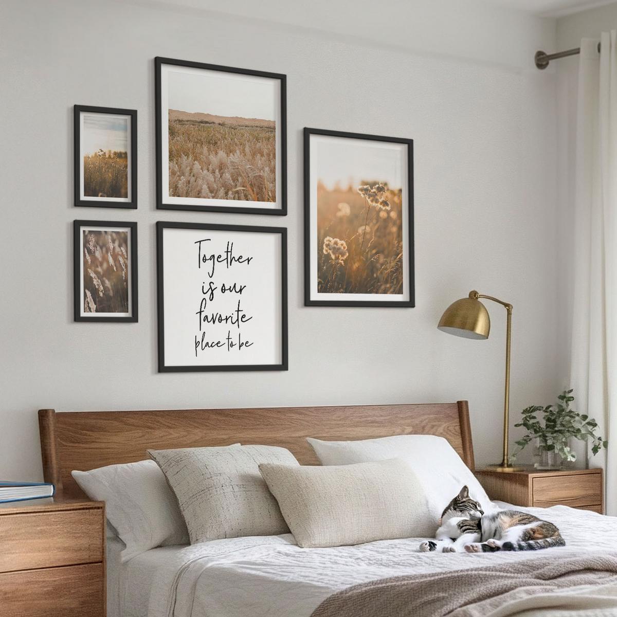 BILDER SET 5er Set - 50x50 cm & 20x30 cm & 40x60 cm Schwarzer Rahmen - Landschaftsgrasblumen Wärme - Schwarz, Kunststoff (40/60cm) - TULUP