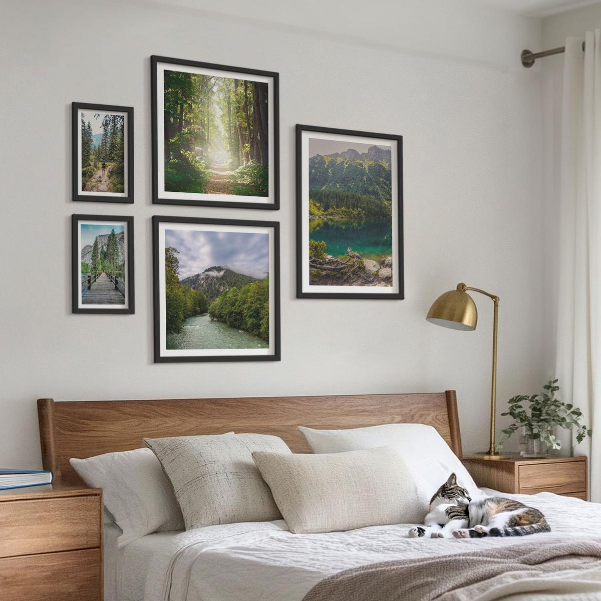 BILDER SET 5er Set - 50x50 cm & 20x30 cm & 40x60 cm Schwarzer Rahmen - Straße Wald Berge Hirsch Natur - Schwarz, Kunststoff (40/60cm) - TULUP