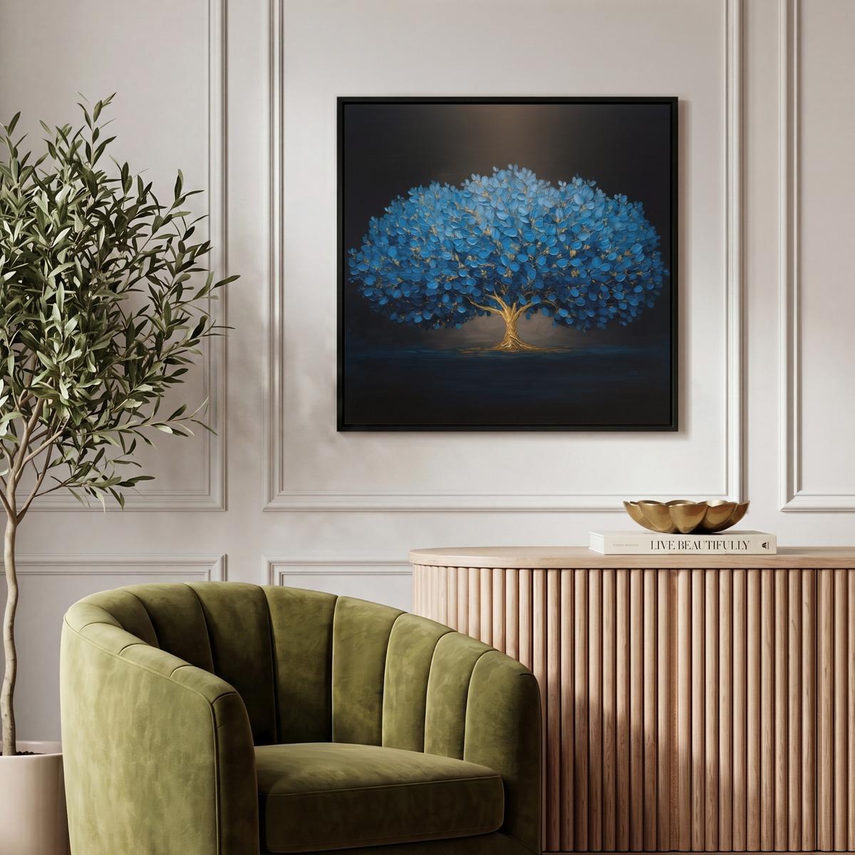 LEINWAND Bilder mit Rahmen - Baum - Blau - Blätter - Pinselstriche - 50x50 - Blau, Textil (50/50cm) - MuchoWow