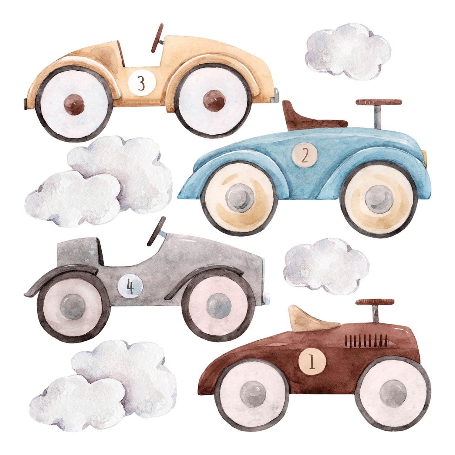 WANDAUFKLEBER 130x204cm - Pastellfarbene Autos - Multicolor, Kunststoff (130/204/0.1cm) - Wallfluent