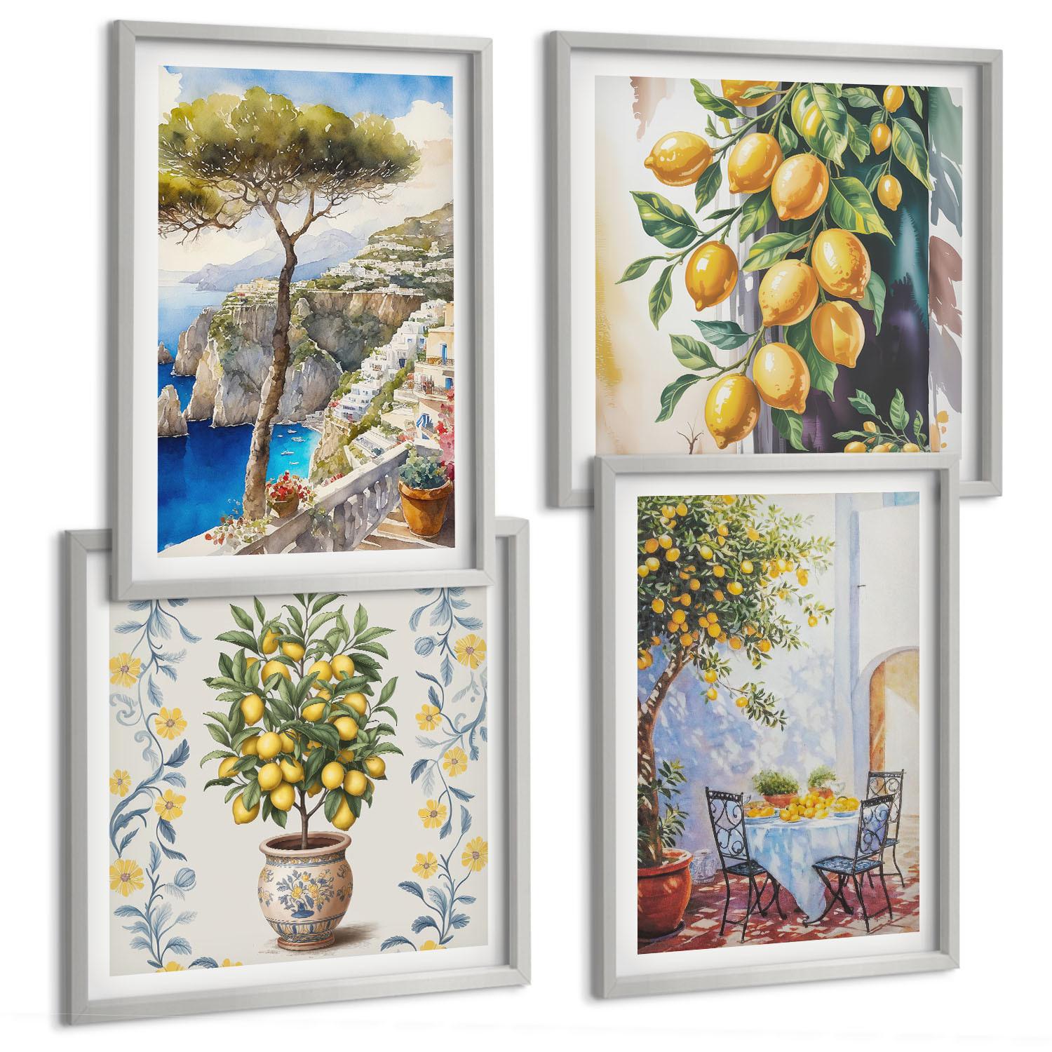 BILDER SET 4er Set - 50x50 cm & 40x60 cm Silberner Rahmen - Zitronenbäume am Meer - Silberfarben, Kunststoff (50/50cm) - TULUP
