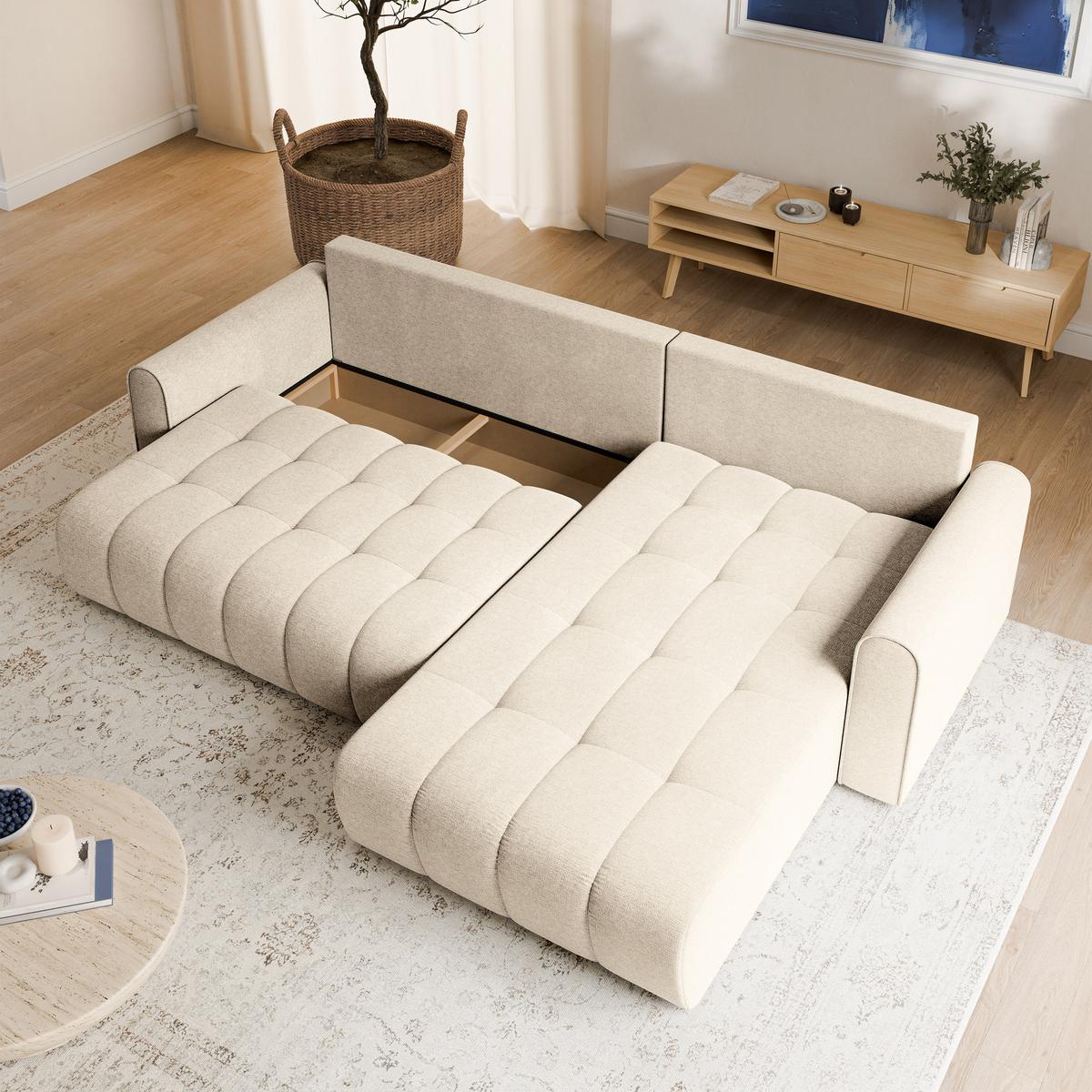 ECKSOFA FRIGA Creme Strukturstoff mit Schlaffunktion - Creme, Holz (283/185cm) - MASSENO