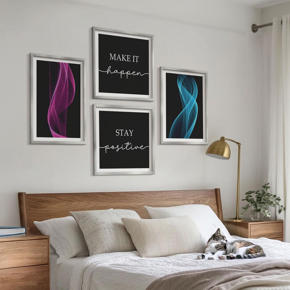 BILDER SET 4er Set - 50x50 cm & 40x60 cm Silberner Rahmen - Neonlinienwellen im Hintergrund - Silberfarben, Kunststoff (50/50cm) - TULUP
