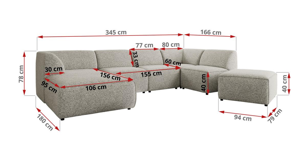 WOHNLANDSCHAFT MODARO U 6M - Hellgrau Struktur - Rechts - Hellgrau/Schwarz, Textil (345/78/180cm) - MKS