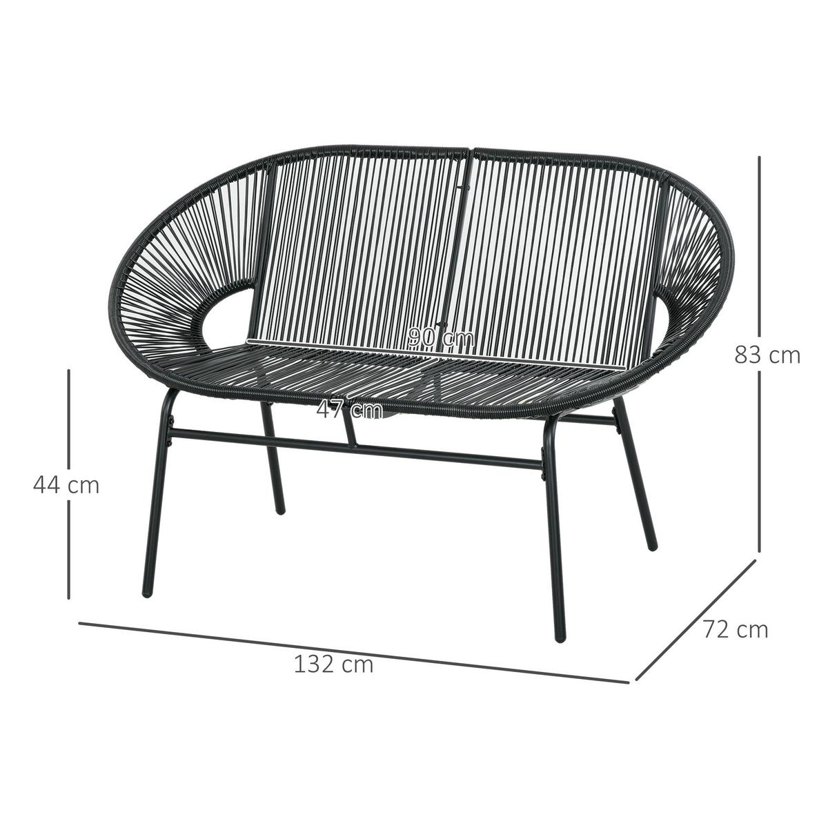 POLYRATTAN Sitzbank 2-Sitzer Rattanbank Gartenbank, für Terrasse, Balkon, Stahl - Schwarz, Metall (72/83/132cm) - Outsunny