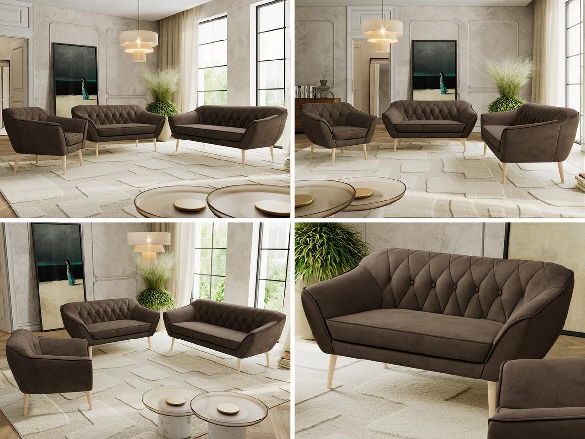 SITZGARNITUR PIRS 3+2+1 - Braun Velvet - Holzbeine - Dunkelbraun/Buchefarben, Holzwerkstoff/Textil (180/75/74cm) - MKS
