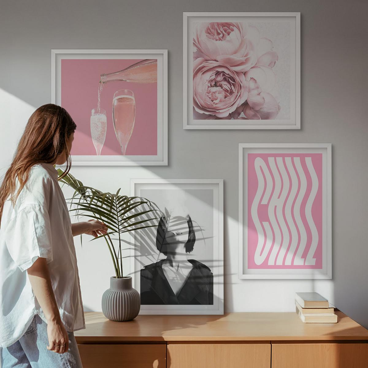 BILDER SET 4er Set - 50x50 cm & 40x60 cm Weißer Rahmen - Stilvolles Porträt mit Champagner - Weiß, Kunststoff (50/50cm) - TULUP