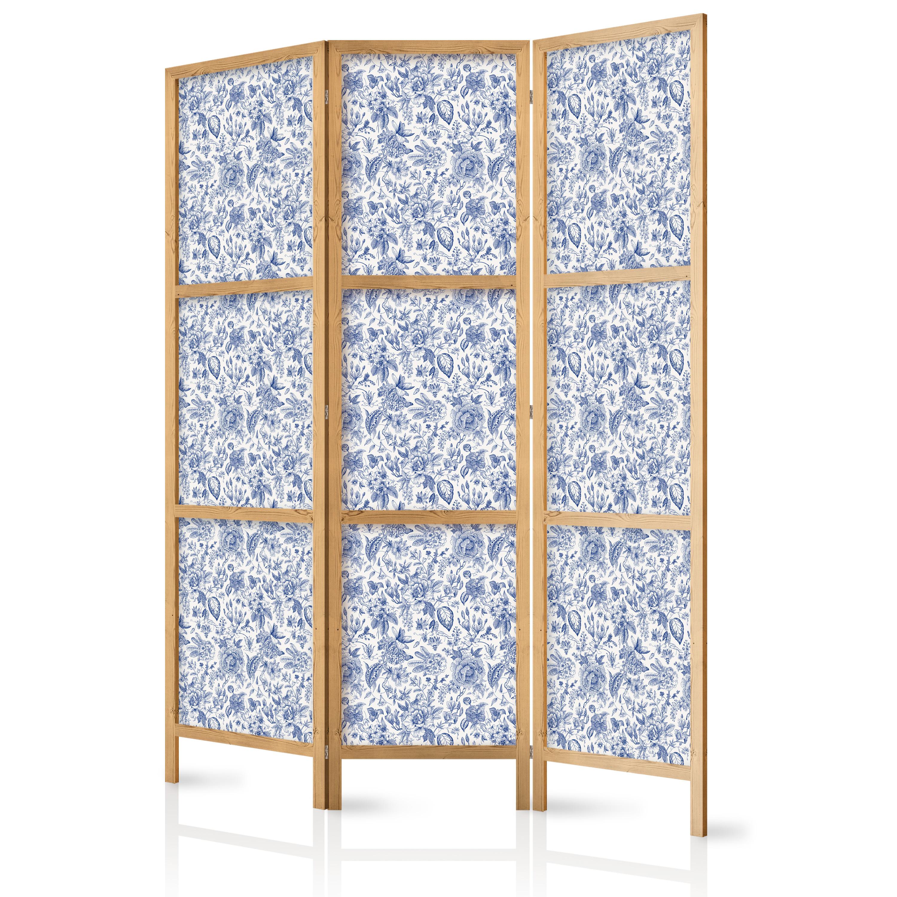 PARAVENT Japanischer 3-tlg 135x172 cm Blaue Blumen - Schwarz, Holz/Textil (135/172/3cm) - Muralo
