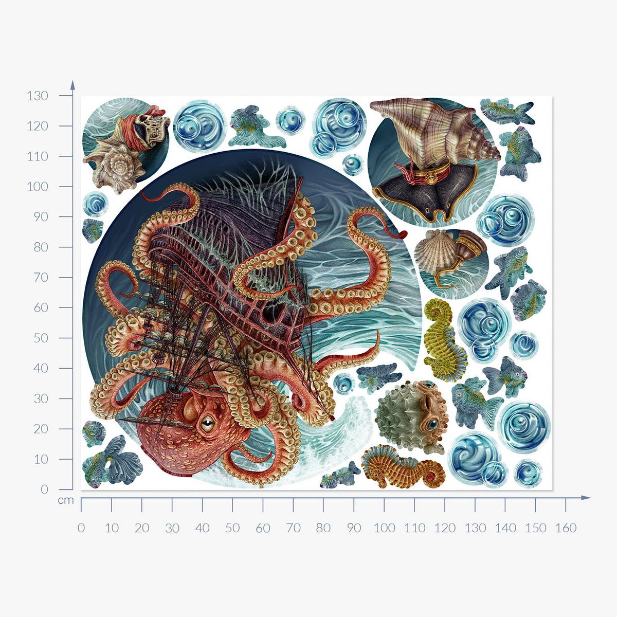 WANDAUFKLEBER 130x156cm - Die Unterwasserwelt des Oktopus - Multicolor, Kunststoff (130/156/0.1cm) - Wallfluent