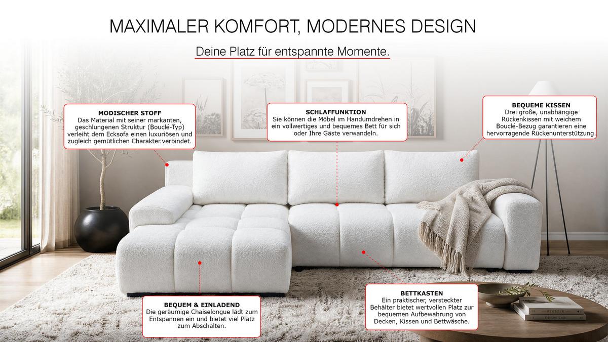 ECKSOFA Ovia mit Bettkasten und Schlaffunktion, Bouclé-Stoff in L-Form - Weiß, Textil (270/185cm)